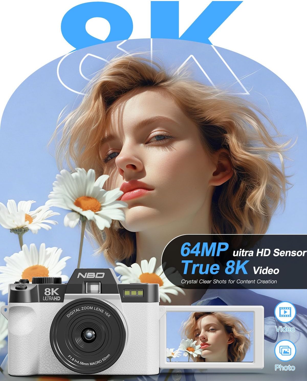 Cámaras digitales de 8K 64MP para fotografía, zoom 16X, 3 filtros d...