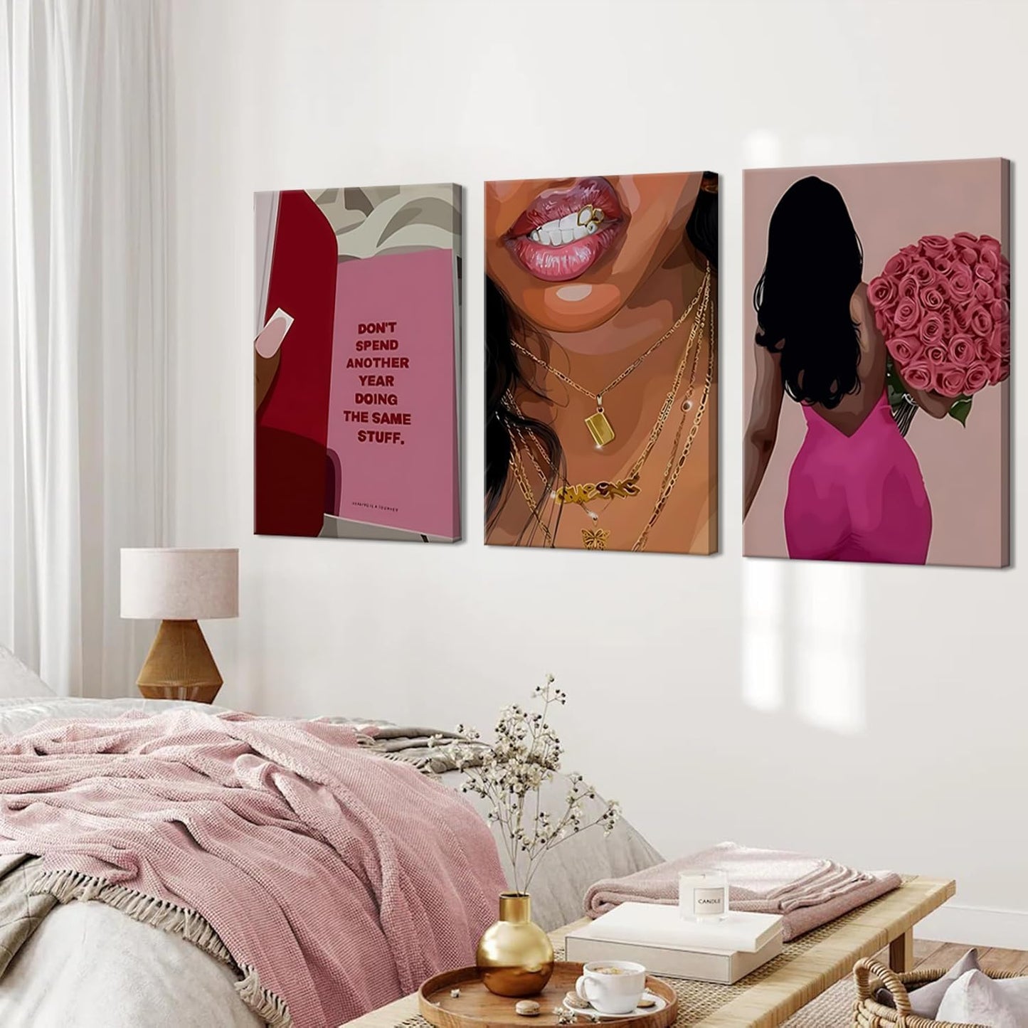 Arte de Pared de Lienzo de Mujer Negra de Moda Rosa, Juego de 3, Ar...