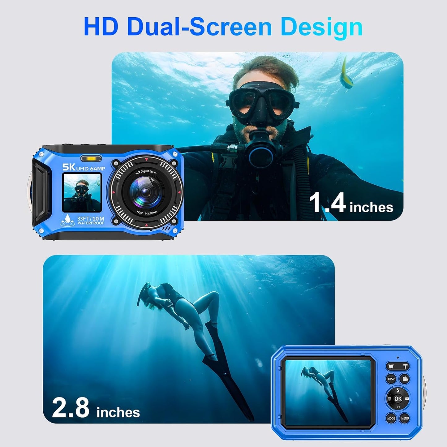 Cámara subacuática 5K, cámara impermeable de 33 pies, pantalla dual...