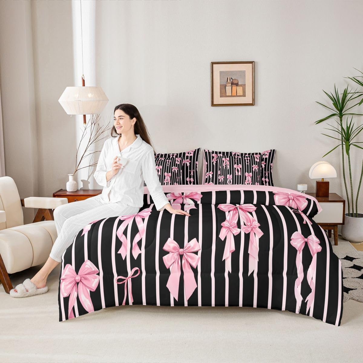 Erosebridal Juego de edredón de 7 piezas con lazos de cinta rosa y...