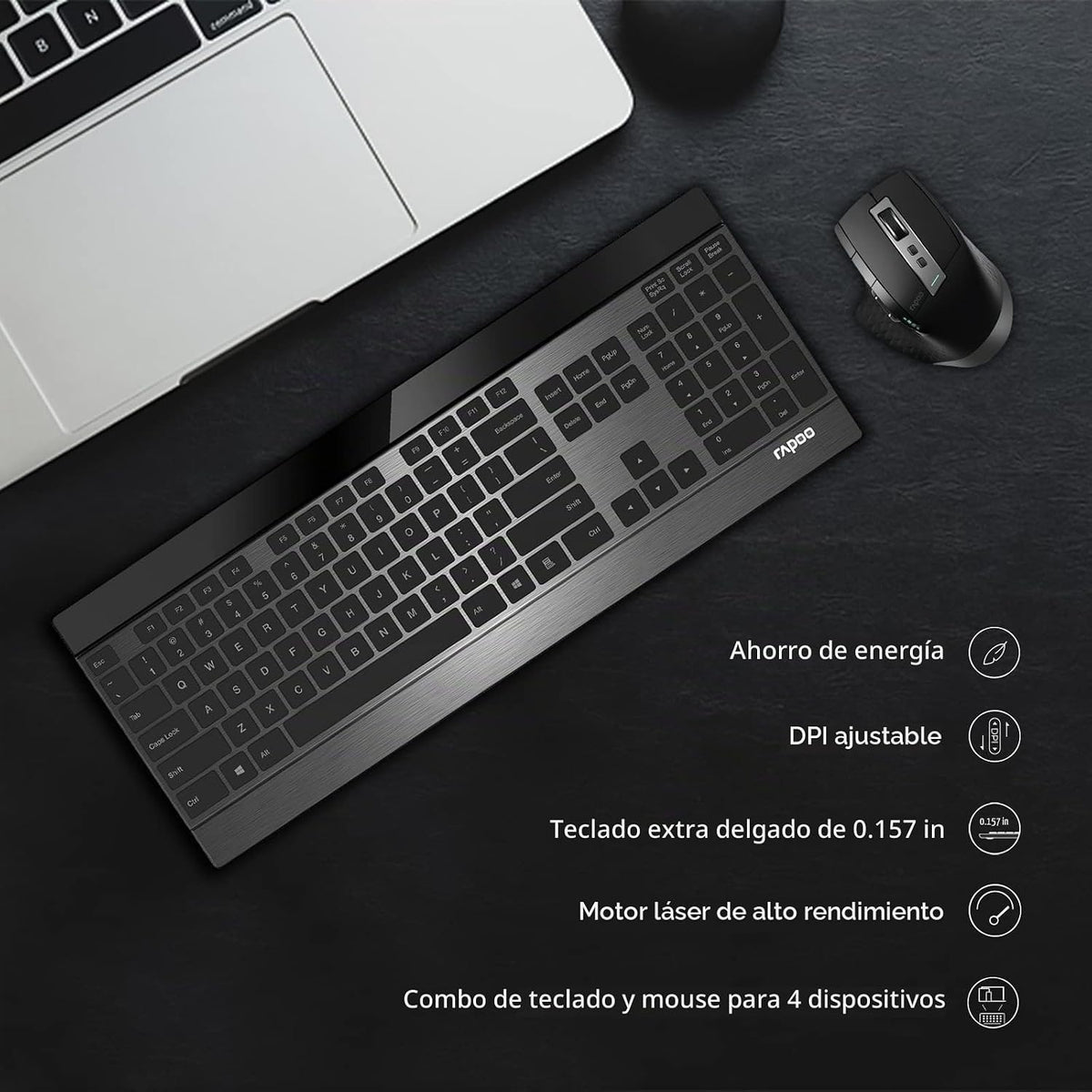 RAPOO Combo de teclado inalámbrico y mouse láser, multidispositivo...