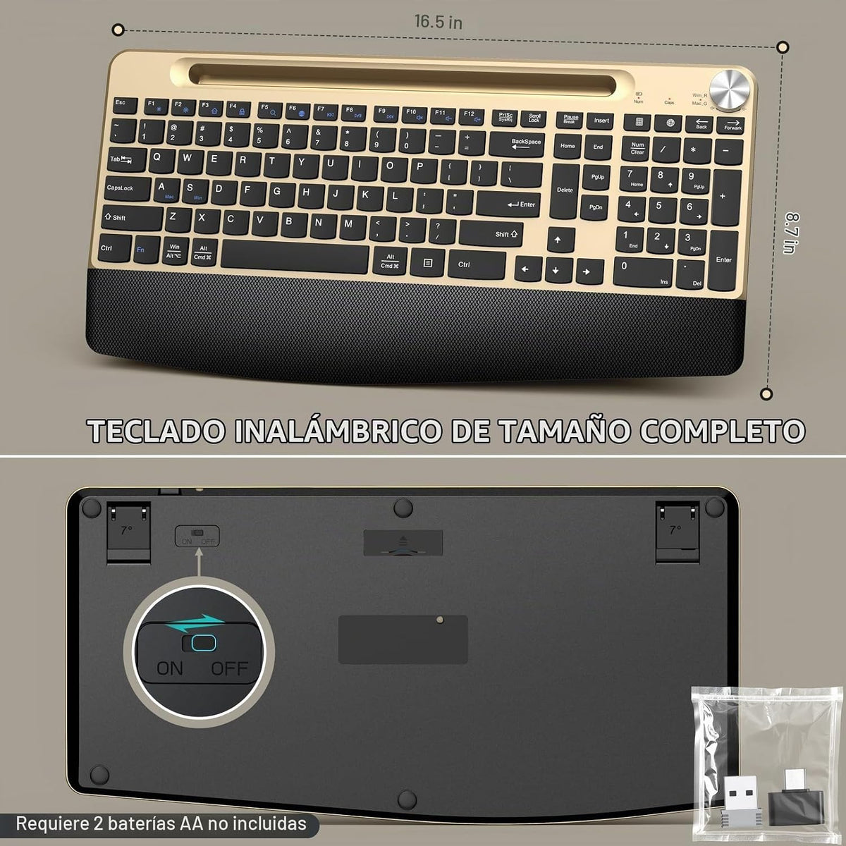 GAMCATZ Juego de teclado y mouse inalámbrico ergonómico con reposa...
