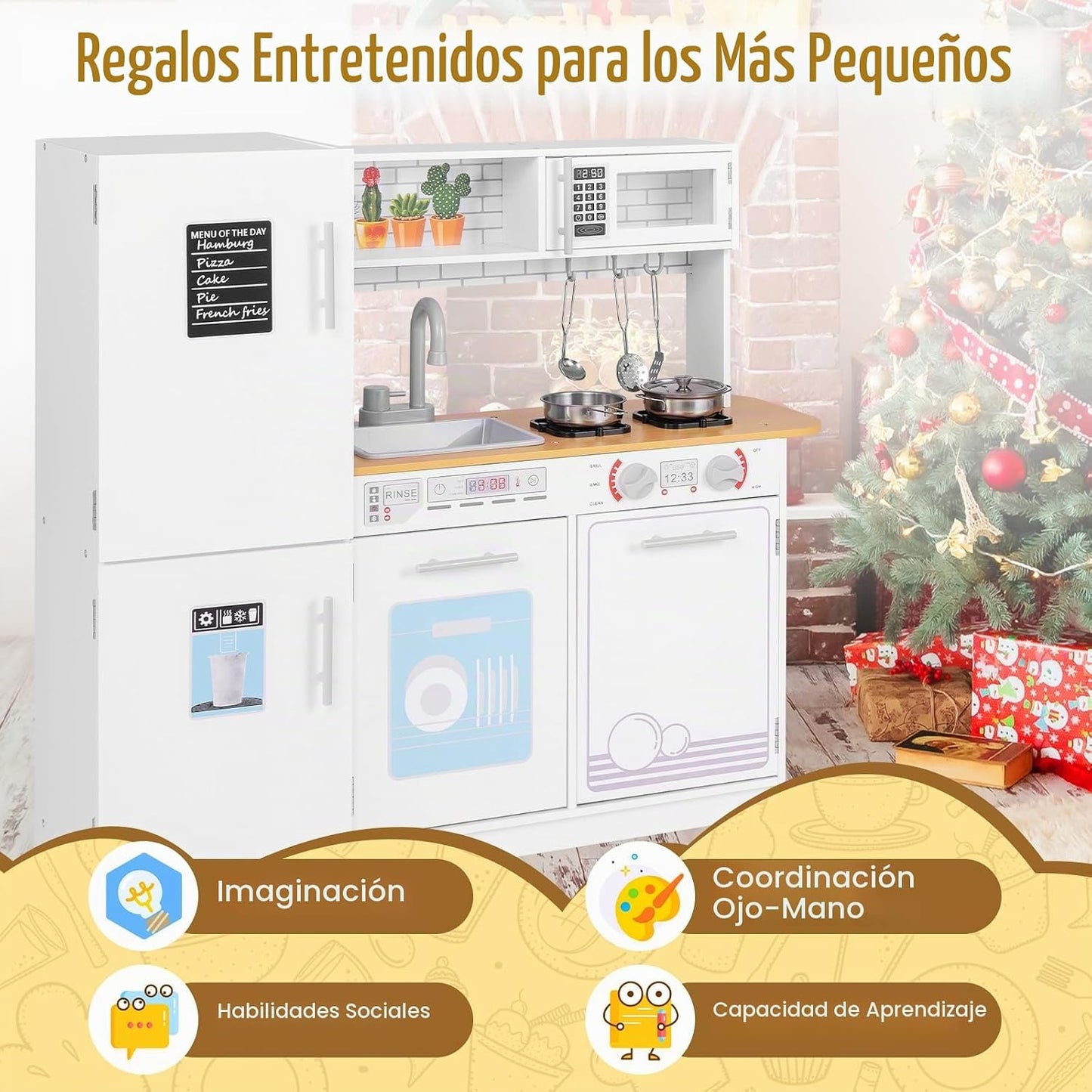 HONEY JOY Juego de cocina para niños, cocina de madera de pequeño c...