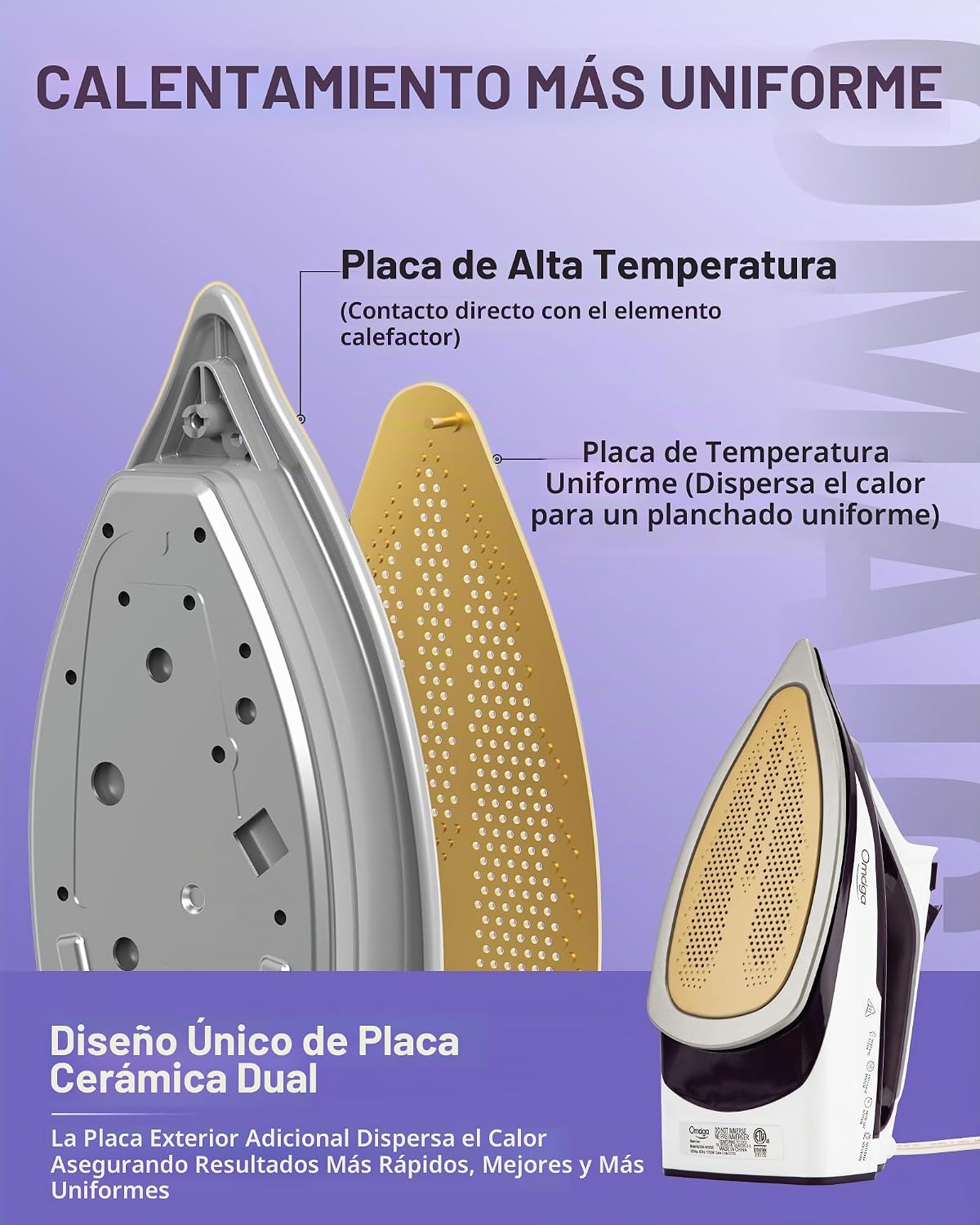 OMAIGA Plancha de vapor para ropa, plancha de 1750 W con suela de c...