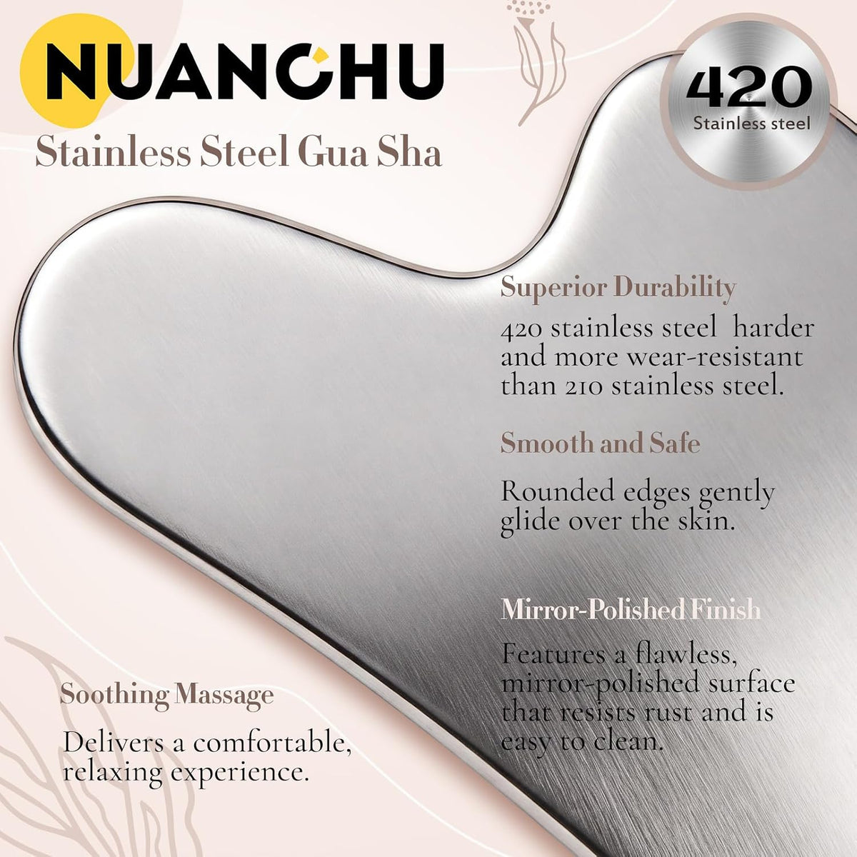 Nuanchu Herramienta facial Gua Sha de acero inoxidable 420, plata,...