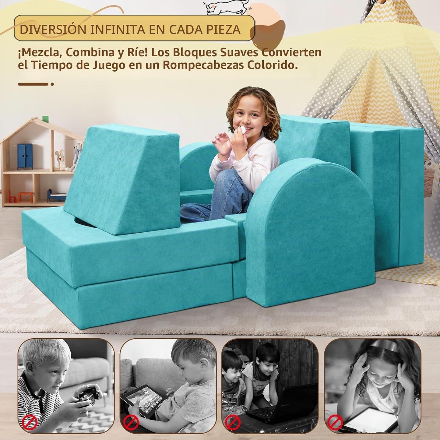 Fvkind Sofá de juego para niños de 10 piezas, sofá modular para niñ...