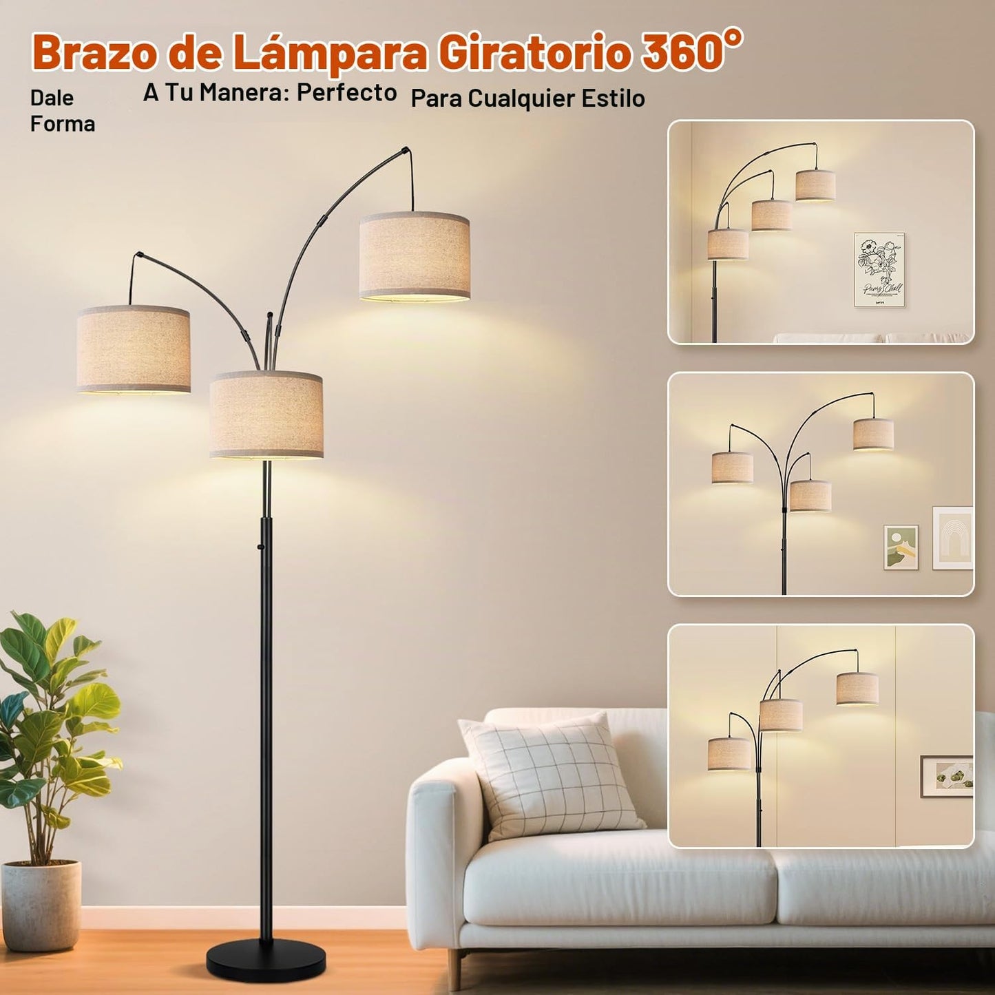 Lámpara de Pie Regulable - 3 Luces Lámpara de Pie de Arco para Sala...