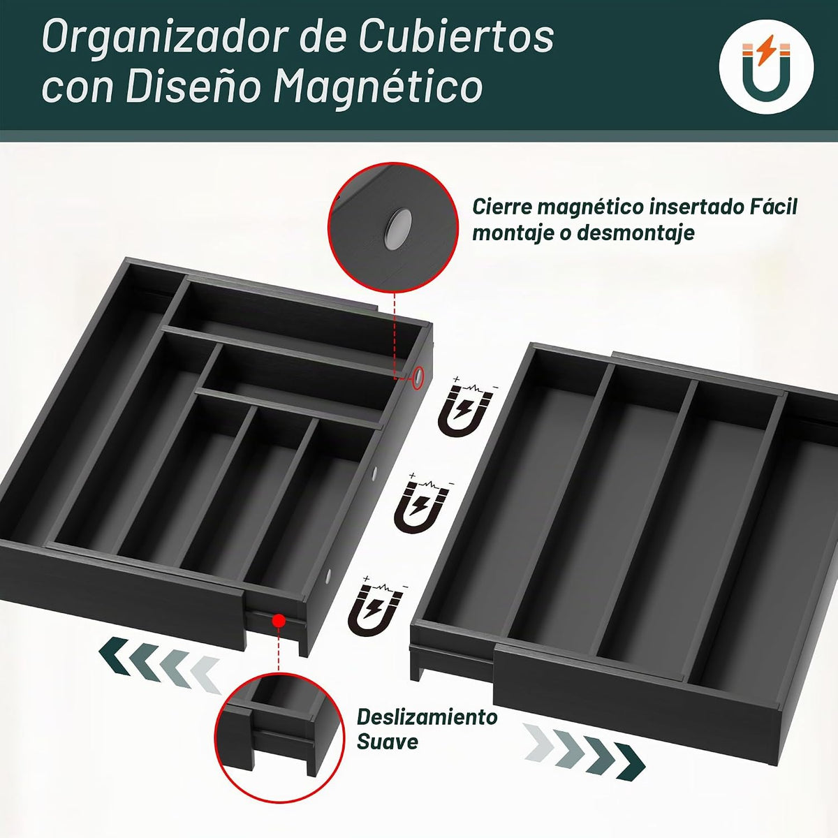 Organizador de Cubiertos Grande, Conectado Magnéticamente Expandibl...