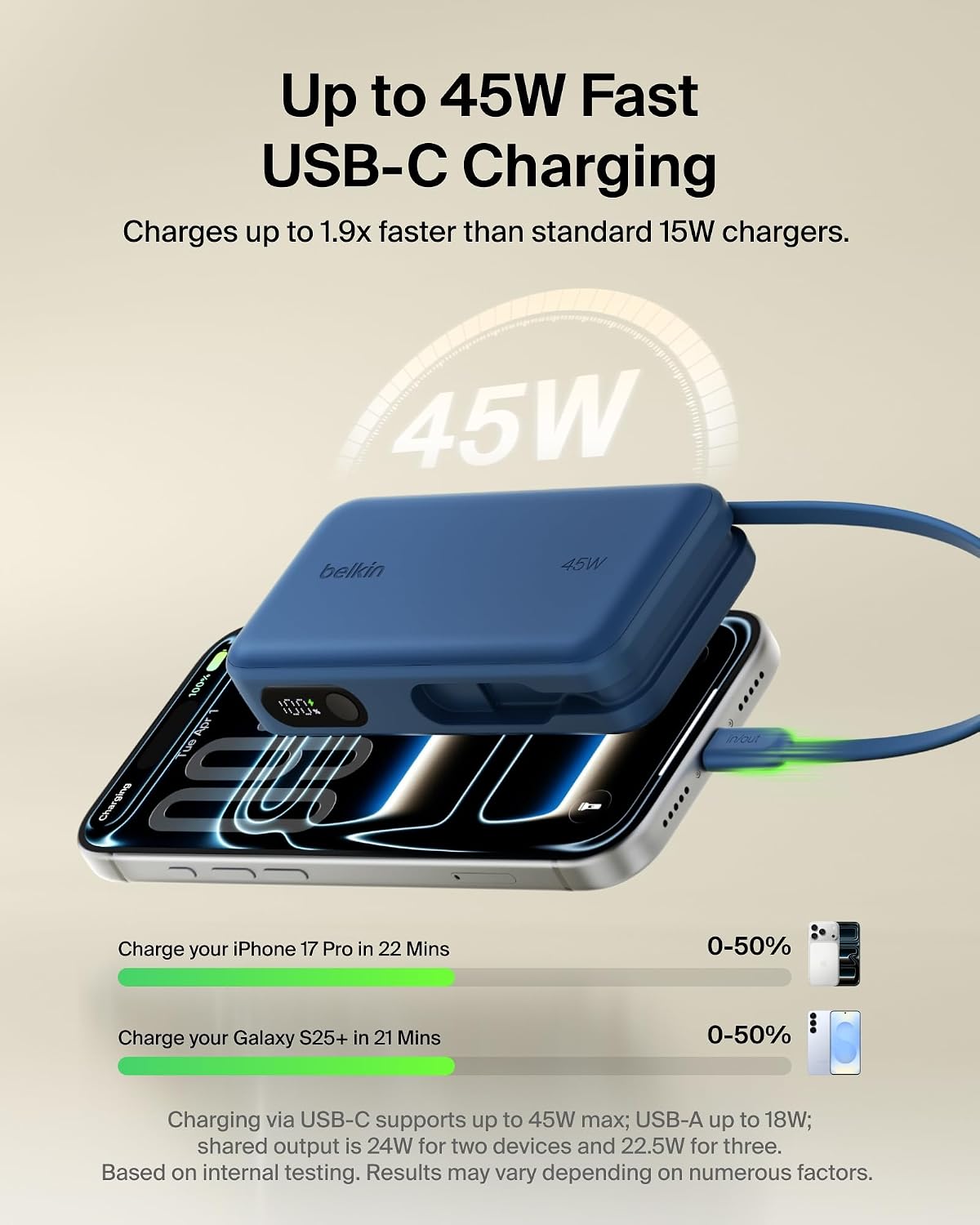 Belkin 10000mAh 45W Cargador portátil Power Bank con cable USB C in...