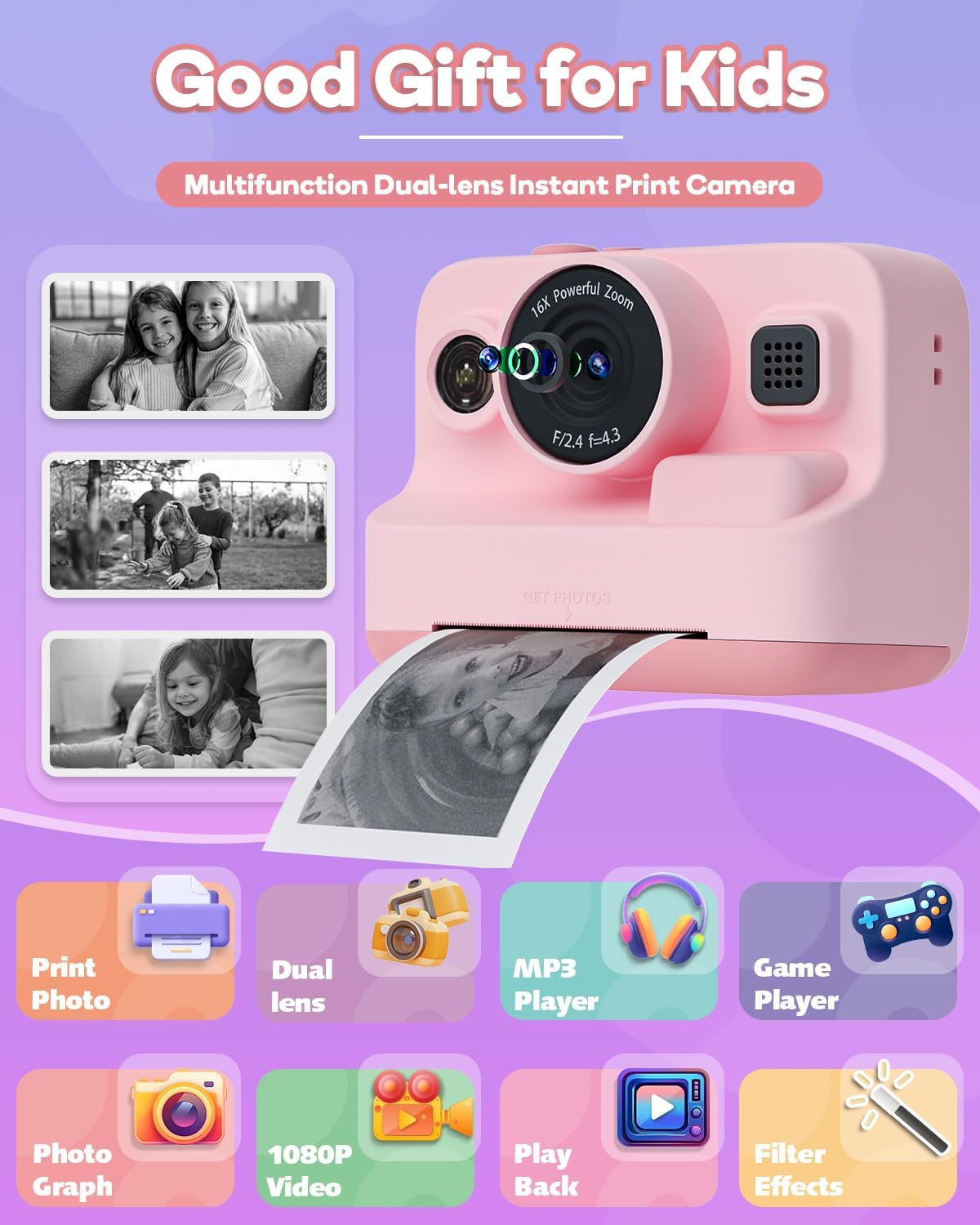 Dylanto - Cámara de impresión instantánea para niños, de 1080p, reg...