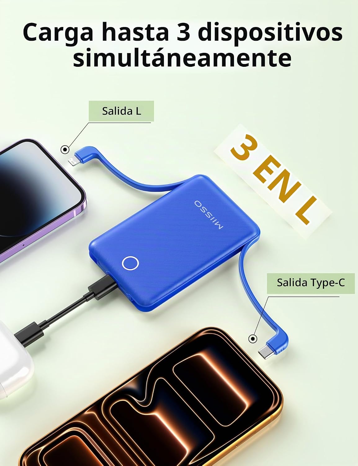 miisso Cargador Portátil Mini de 10000mAh con Cable Incorporado, Ba...