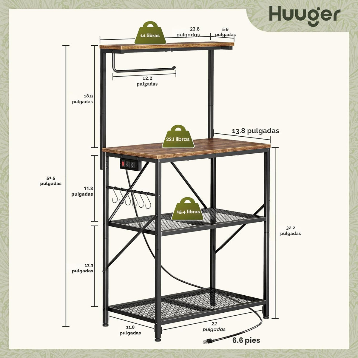 Huuger Estante para panaderos de 4 niveles con toma de corriente re...
