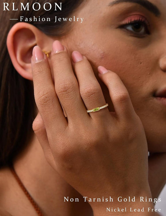 RLMOON Anillos de oro con piedra natal para mujer, no se deslustra,...
