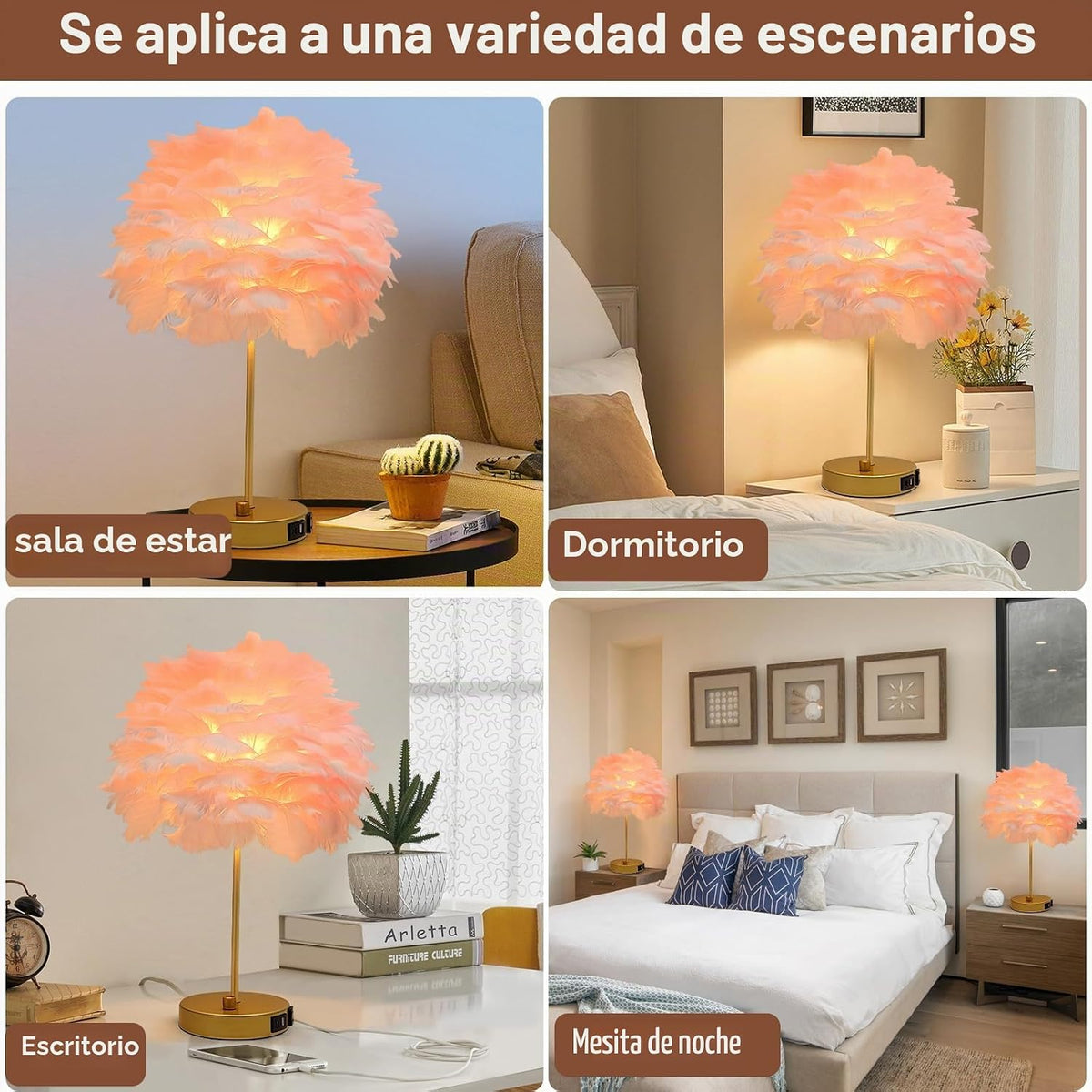 ZYLEIESENBAO Lámpara de mesa con cargador USB de plumas rosas, lámp...