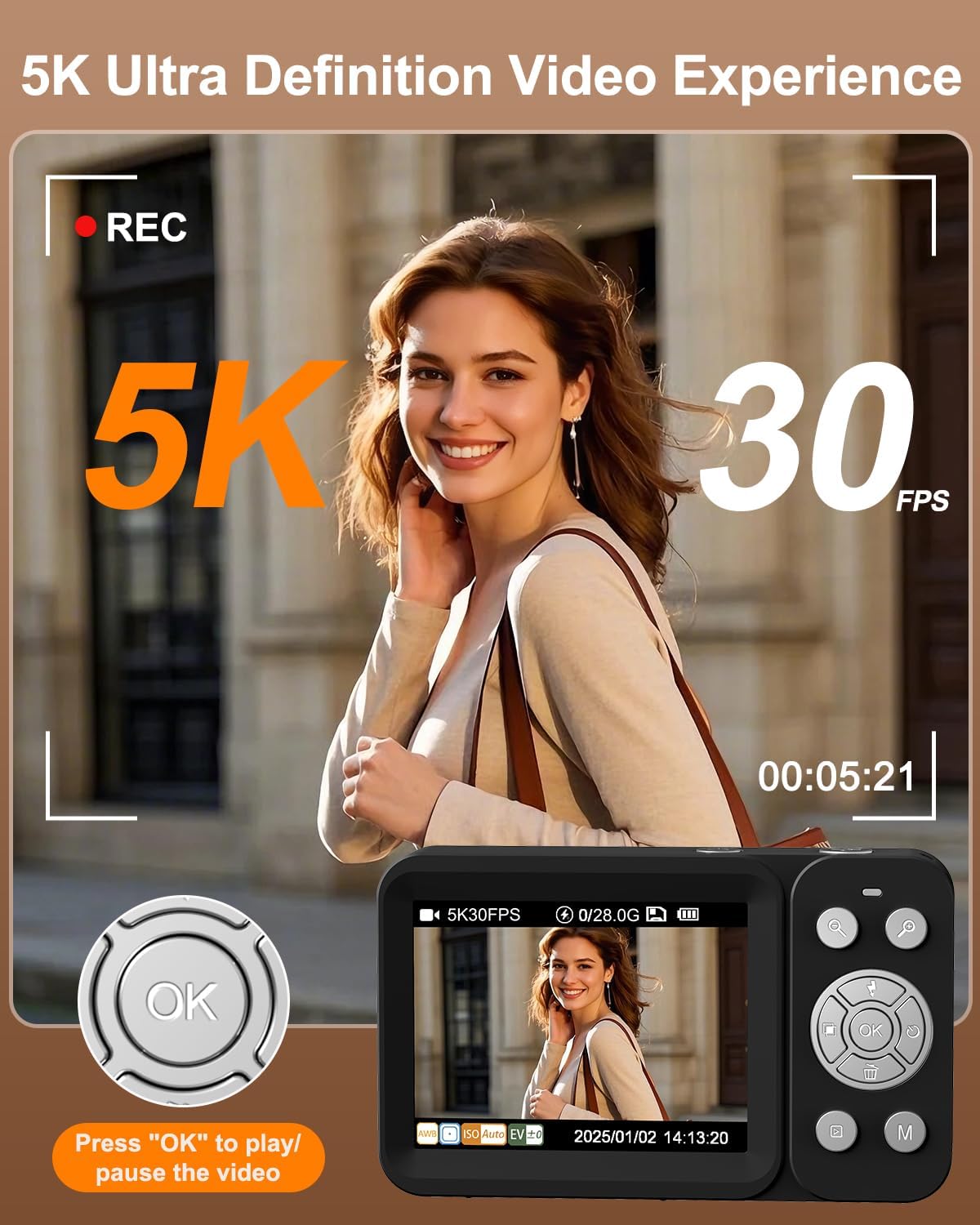 Hoorola Cámara digital, pantalla dual 5K 80MP, enfoque automático p...