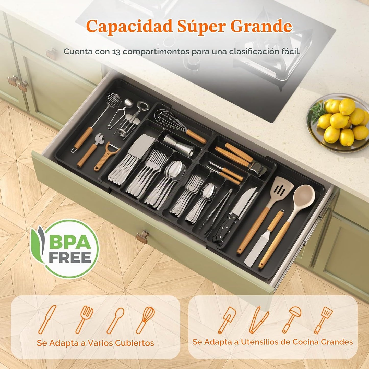Lifewit Organizador grande de cubiertos para cajón, expandible de 2...