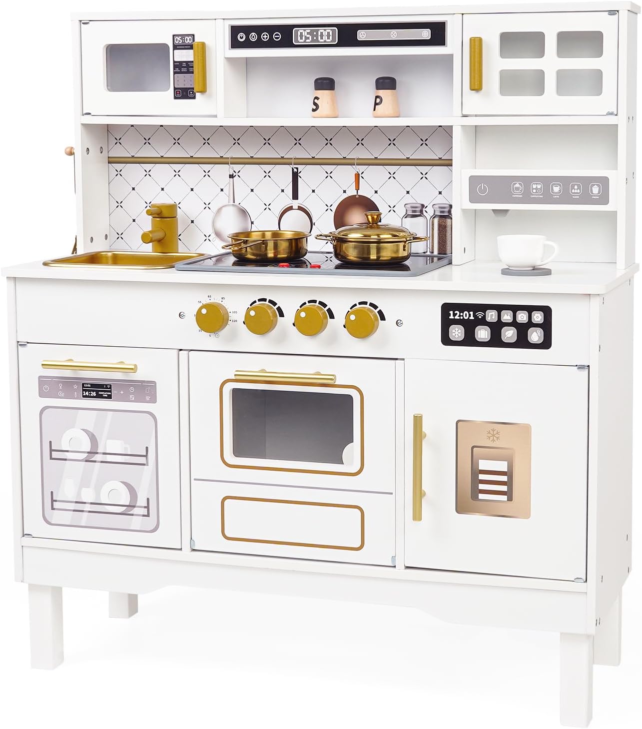 Cocina de madera para niños, moderno juego de cocina blanca con est...