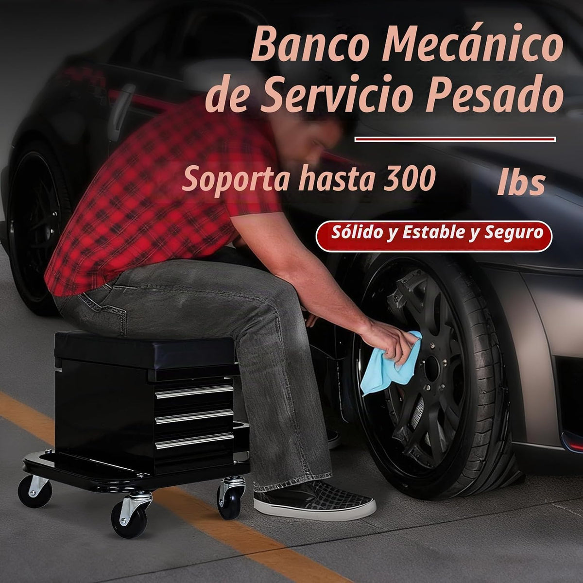 Taburete mecánico rodante con ruedas, asiento deslizante con 3 cajo...