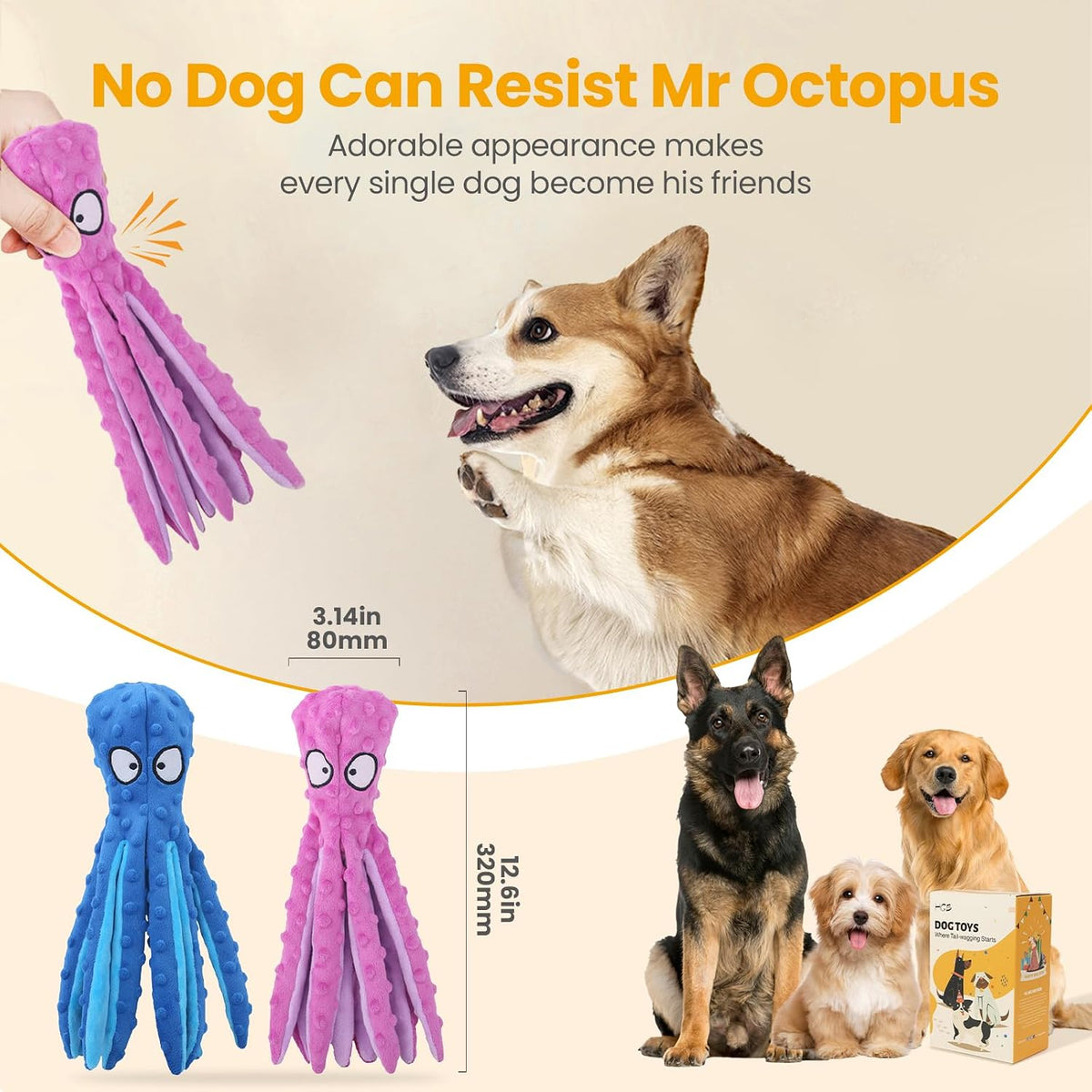 HGB Juguetes chirriantes para perros, sin relleno, pulpo arrugado p...