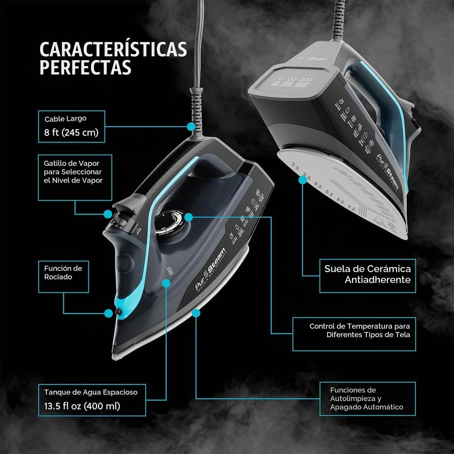 Pursteam Plancha de Vapor para Ropa 1700W con Suela Autolimpiante A...