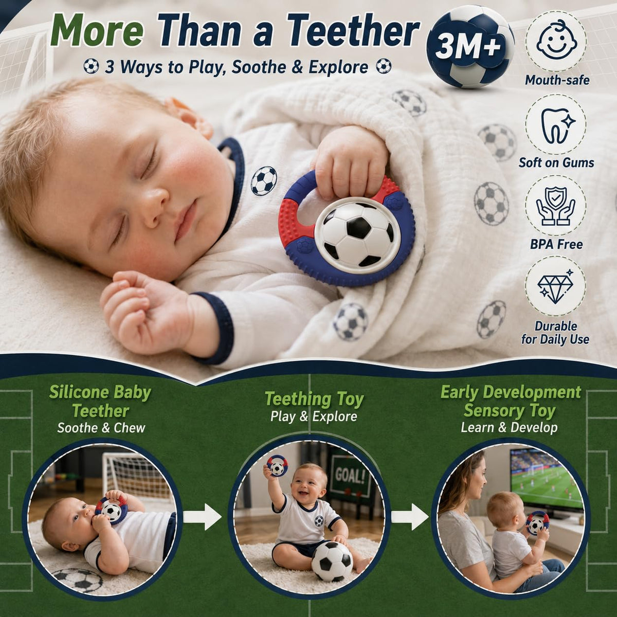 Juguetes de dentición de silicona para bebés con temática de fútbol...