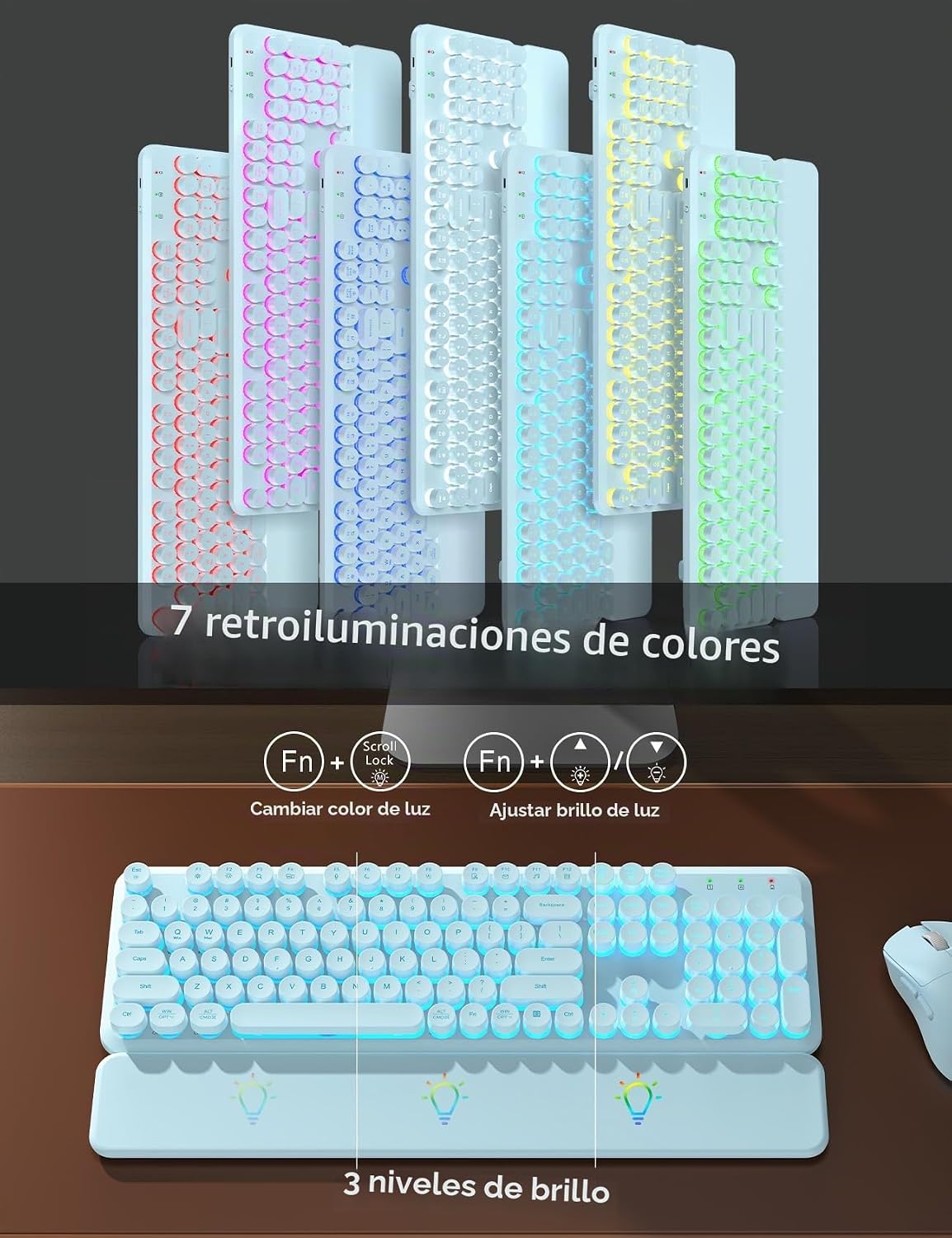 Teclado inalámbrico y mouse retroiluminados, teclado de máquina de...