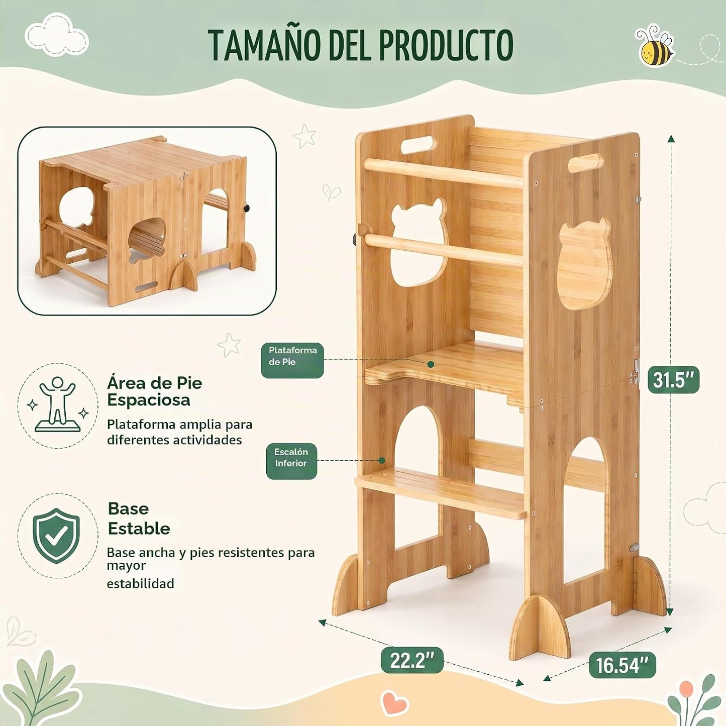 APRTAT Taburete de cocina 4 en 1 para niños pequeños, torre de apre...