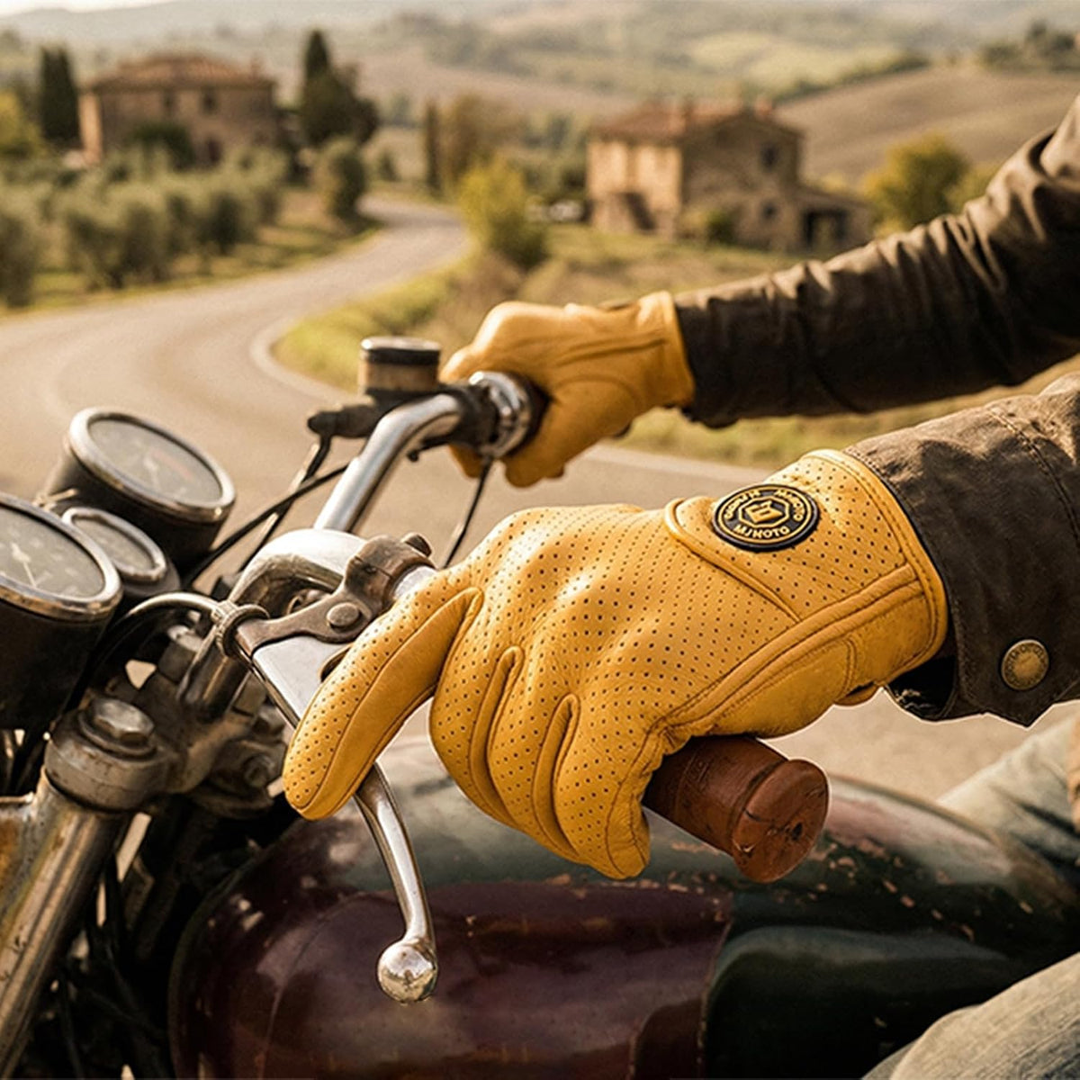 mjmoto Guantes clásicos de cuero de cabra para motocicleta, pantall...