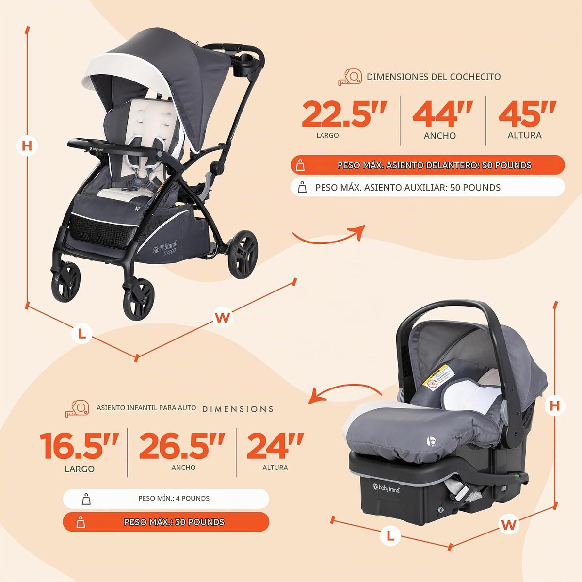 Baby Trend Sit N' Stand - Cochecito 5 en 1 con toldo y cesta de...