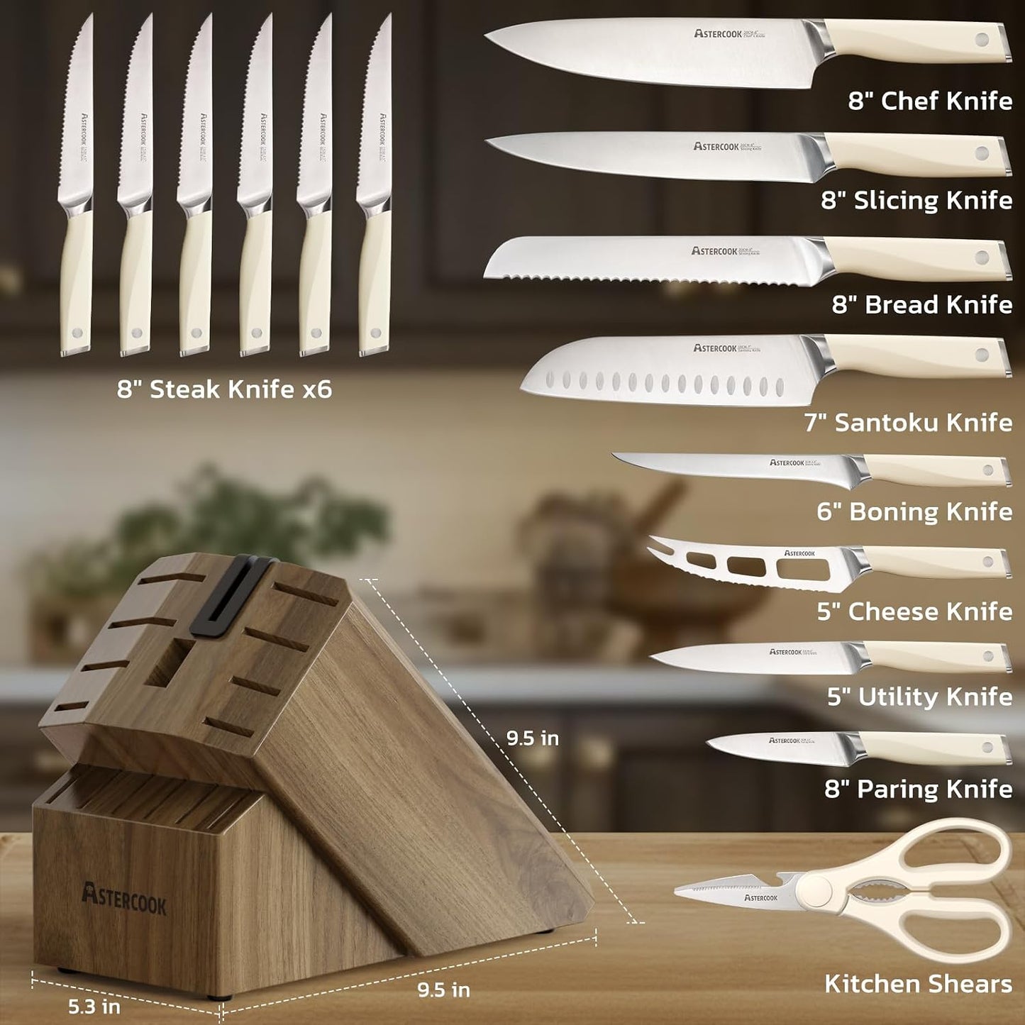 Astercook Juego de cuchillos de cocina con bloque y afilador Premiu...