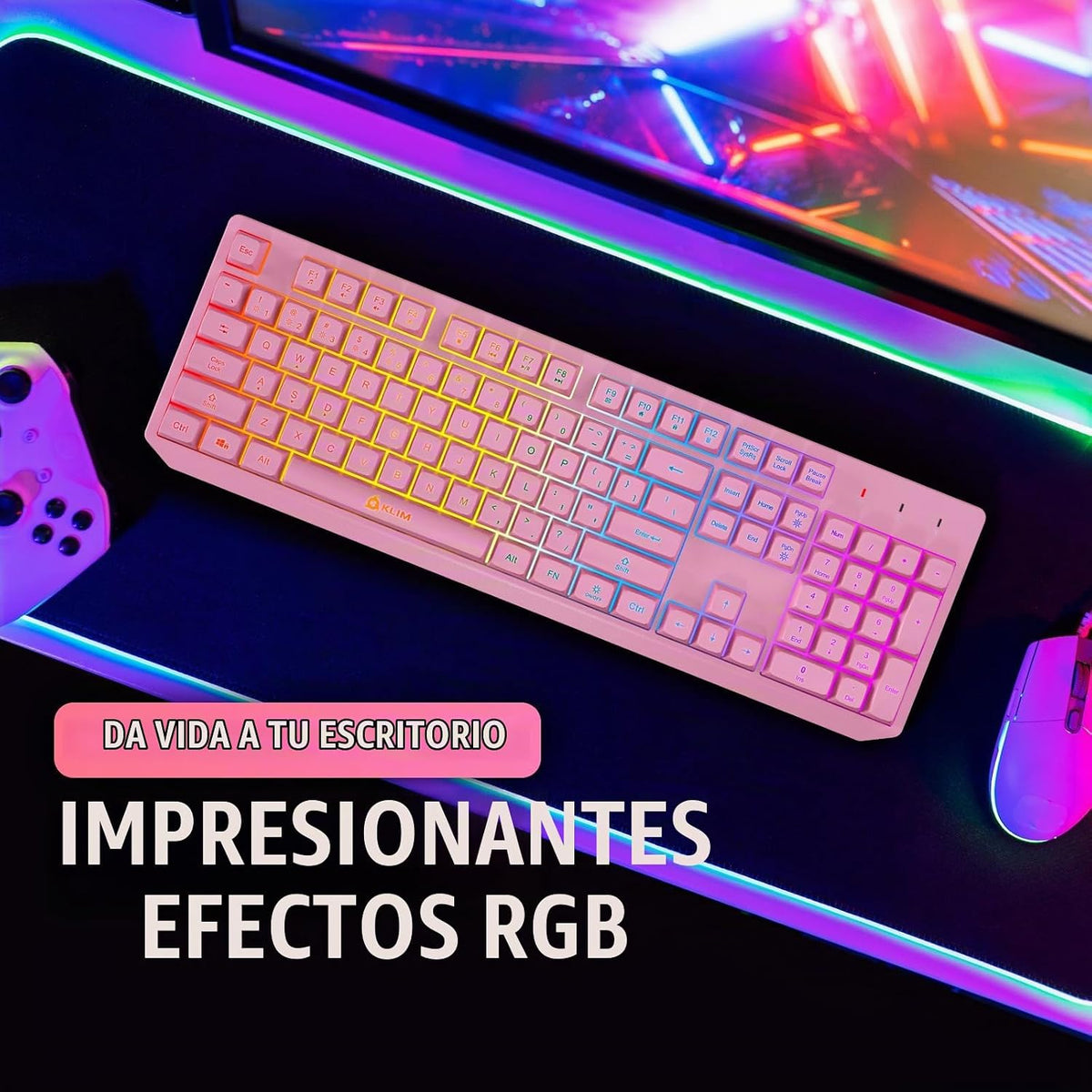 Teclado inalámbrico KLIM Chroma Rosa \u2013 Retroiluminación RGB, B...