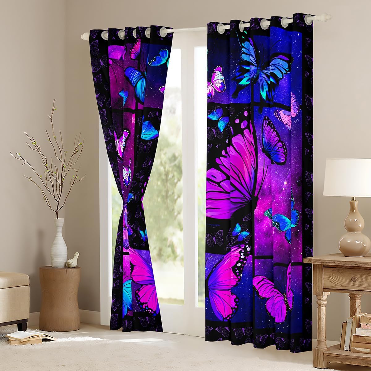 Cortinas de mariposa moradas para dormitorio de niñas y mujeres, 52...