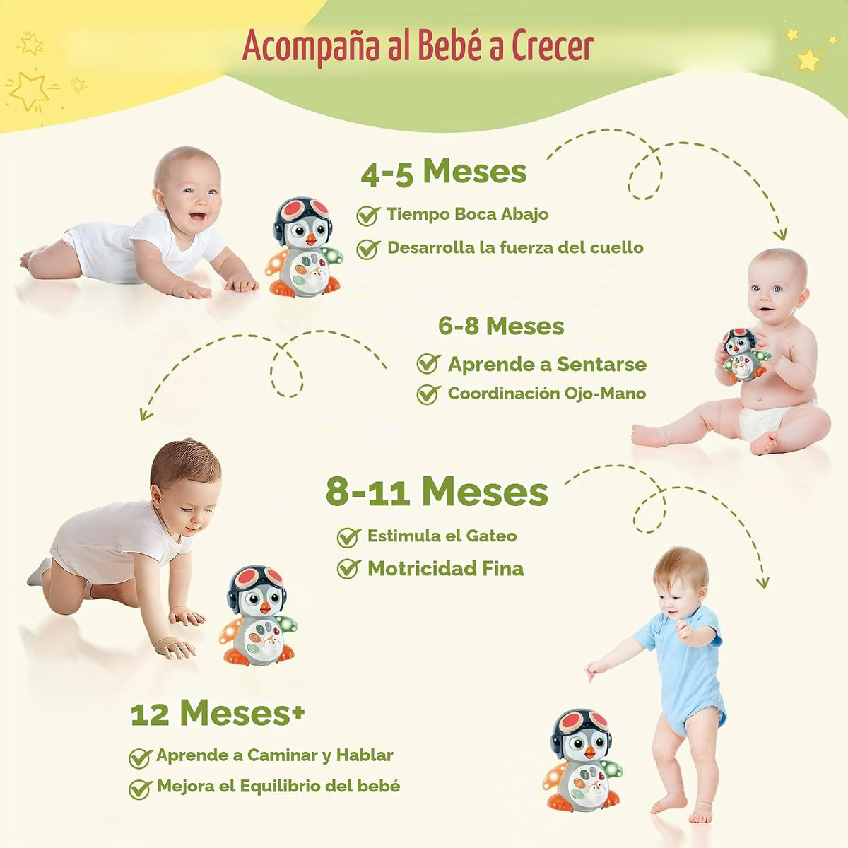 XULIONTS Juguete para bebé de pingüino gateante con música y luces,...