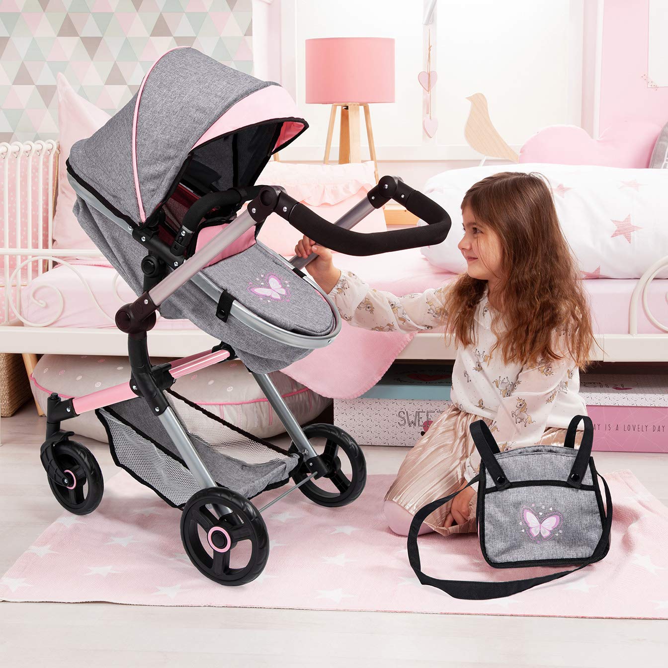 Bayer: Cochecito versátil City Vario - Gris y rosa con mariposa par...