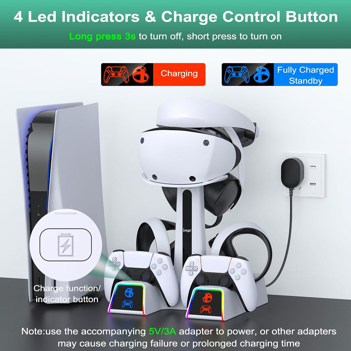Fastsnail Estación de carga RGB para PS VR2 \/ PS5 \/ PS5 con 10 lu...