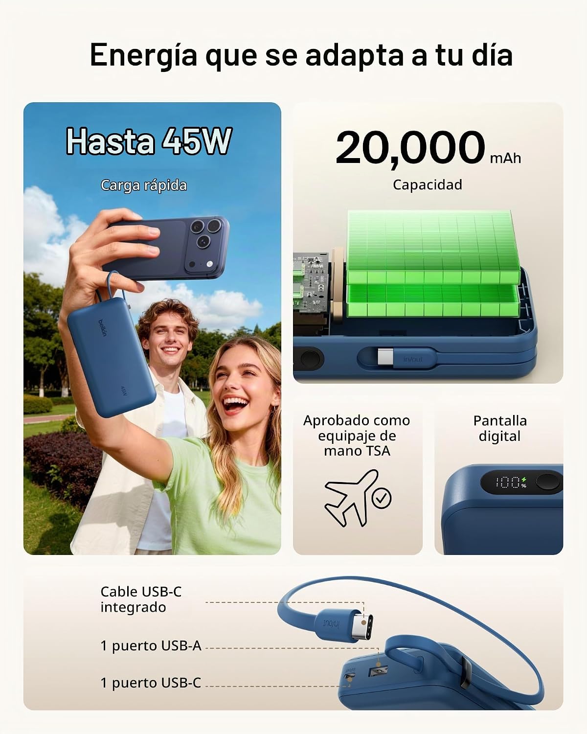 Belkin 20000mAh 45W Cargador portátil Power Bank con cable USB C in...