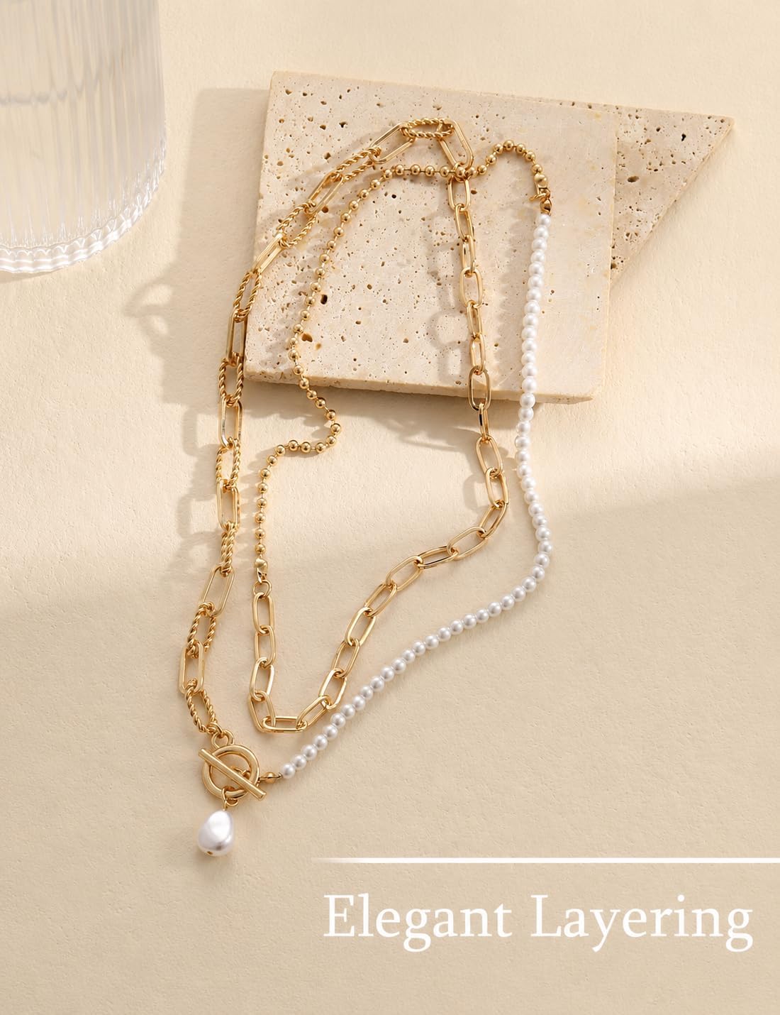 Collar de cadena de perlas en capas de oro para mujer, chapado en o...