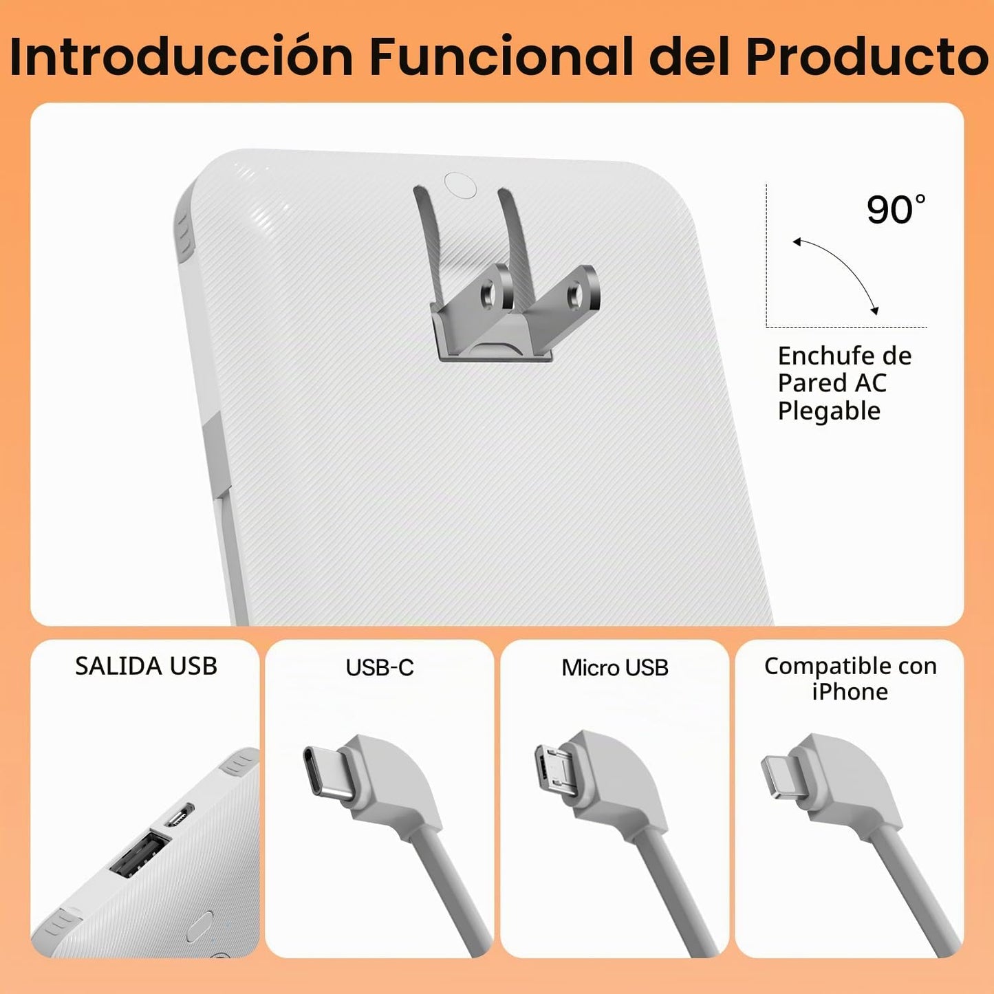 Cargador portátil con cables integrados y enchufe de pared de CA, b...
