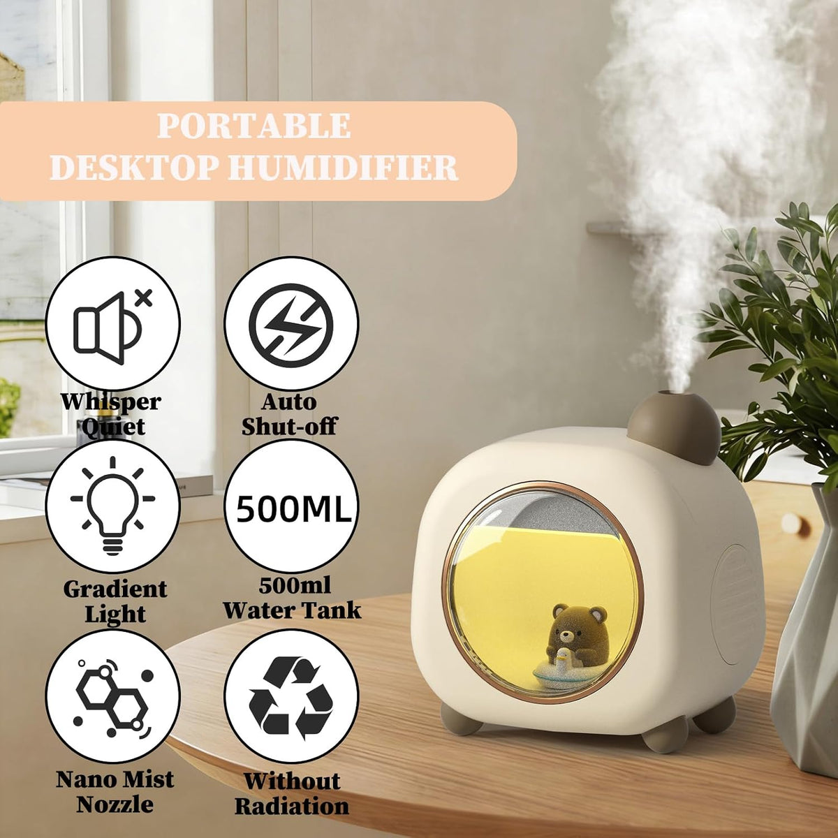 Mini humidificador portátil, 16.9 fl oz de oso de dibujos animados...