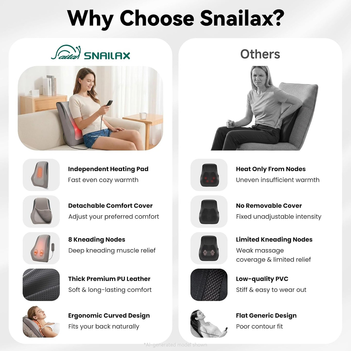 Snailax Masajeador de espalda con calor, almohada de masaje Shiatsu...