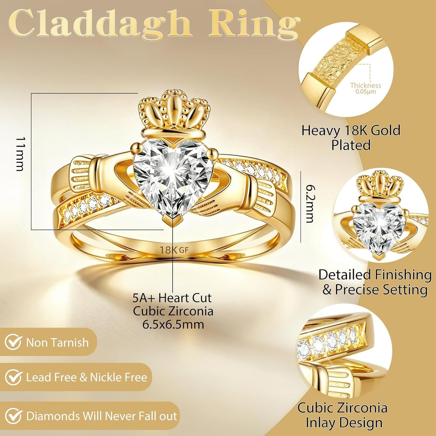 Anillo Claddagh de oro para mujer, anillo irlandés de oro de 18 qui...