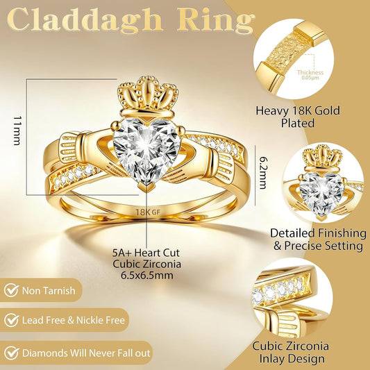 Anillo Claddagh de oro para mujer, anillo irlandés de oro de 18 qui...