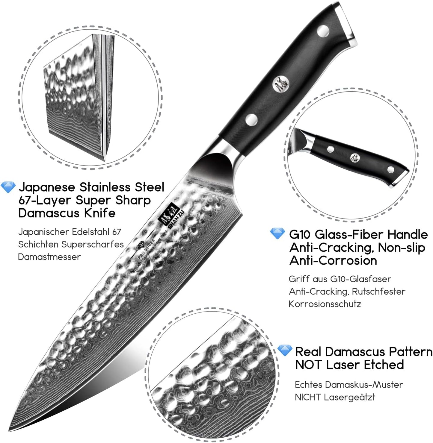 SHAN ZU Cuchillo de chef, cuchillo de acero damasquino de 8 pulgada...