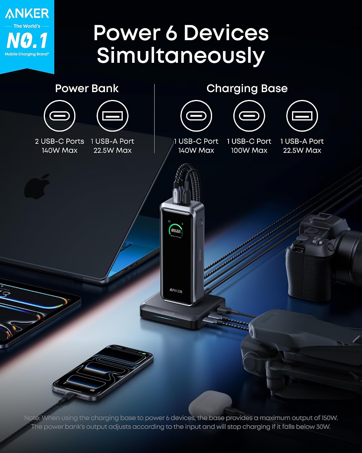 Anker Prime Power Bank, 26,250mAh 300W con base de carga rápida | A...