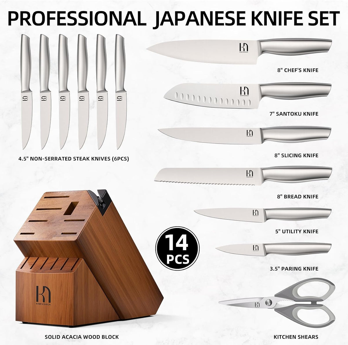KnifeSaga - Juego de bloques de cuchillos de 14 piezas, premium, af...