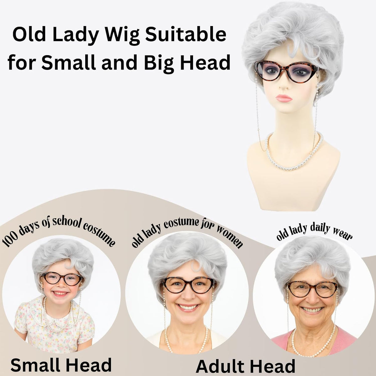 PUREHAIR Peluca de disfraz de anciana blanca para mujer con gafas,...