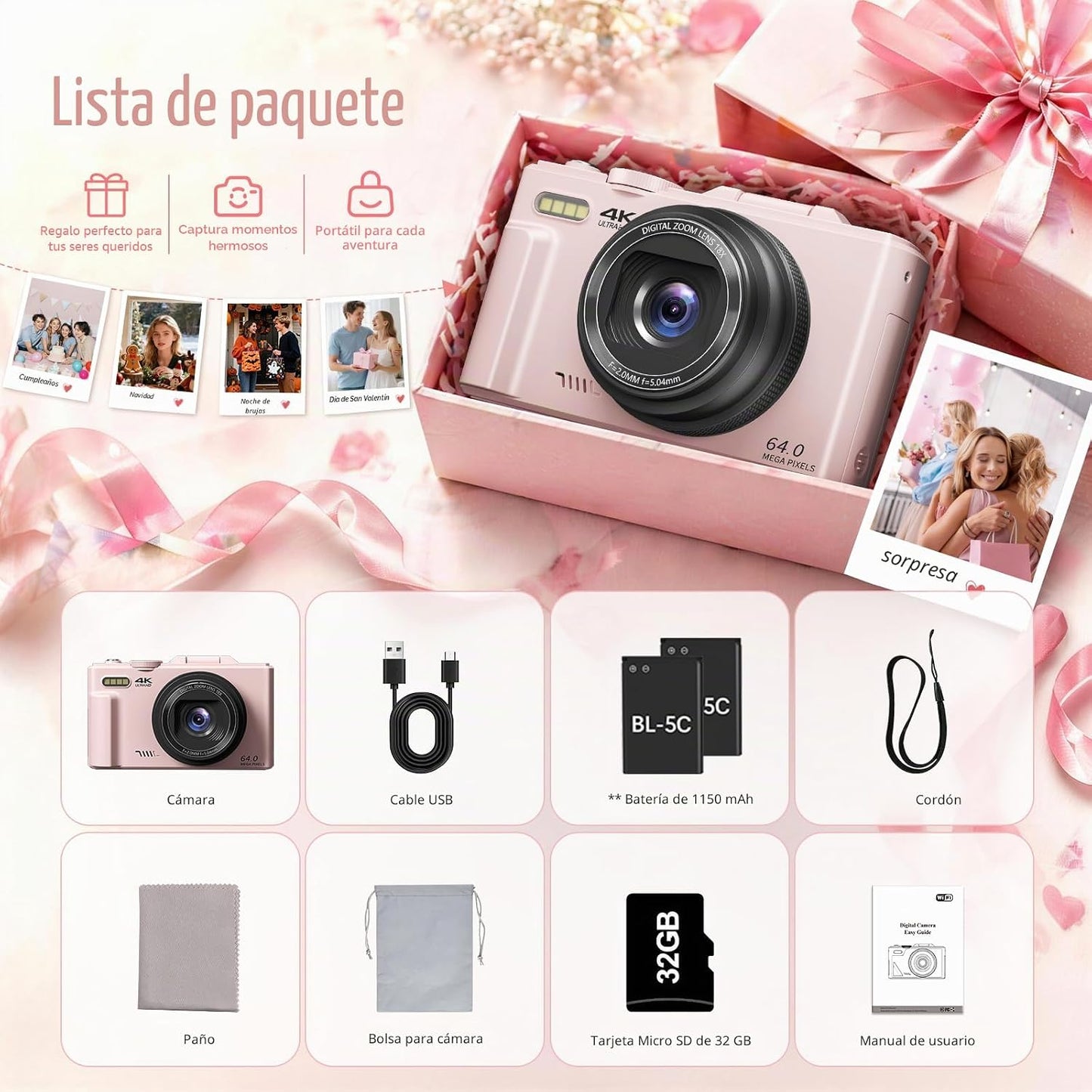 Cámara digital 4K para fotografía, cámara de vlogging de 64MP para...