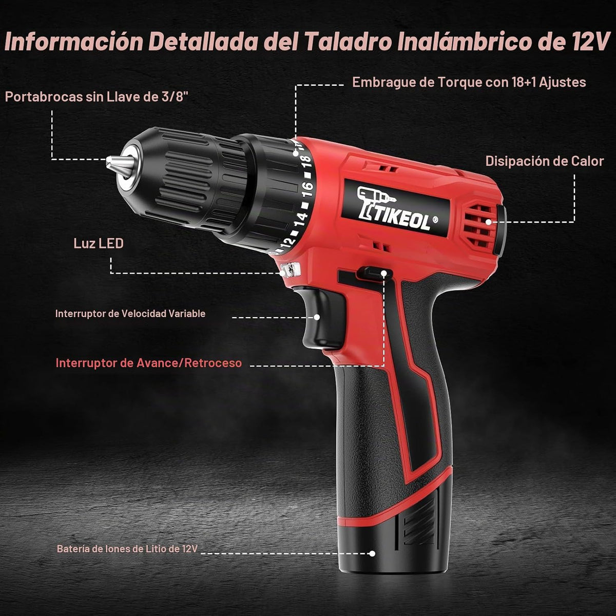 TIKEOL Juego de taladro inalámbrico de 12 V con batería y cargador,...
