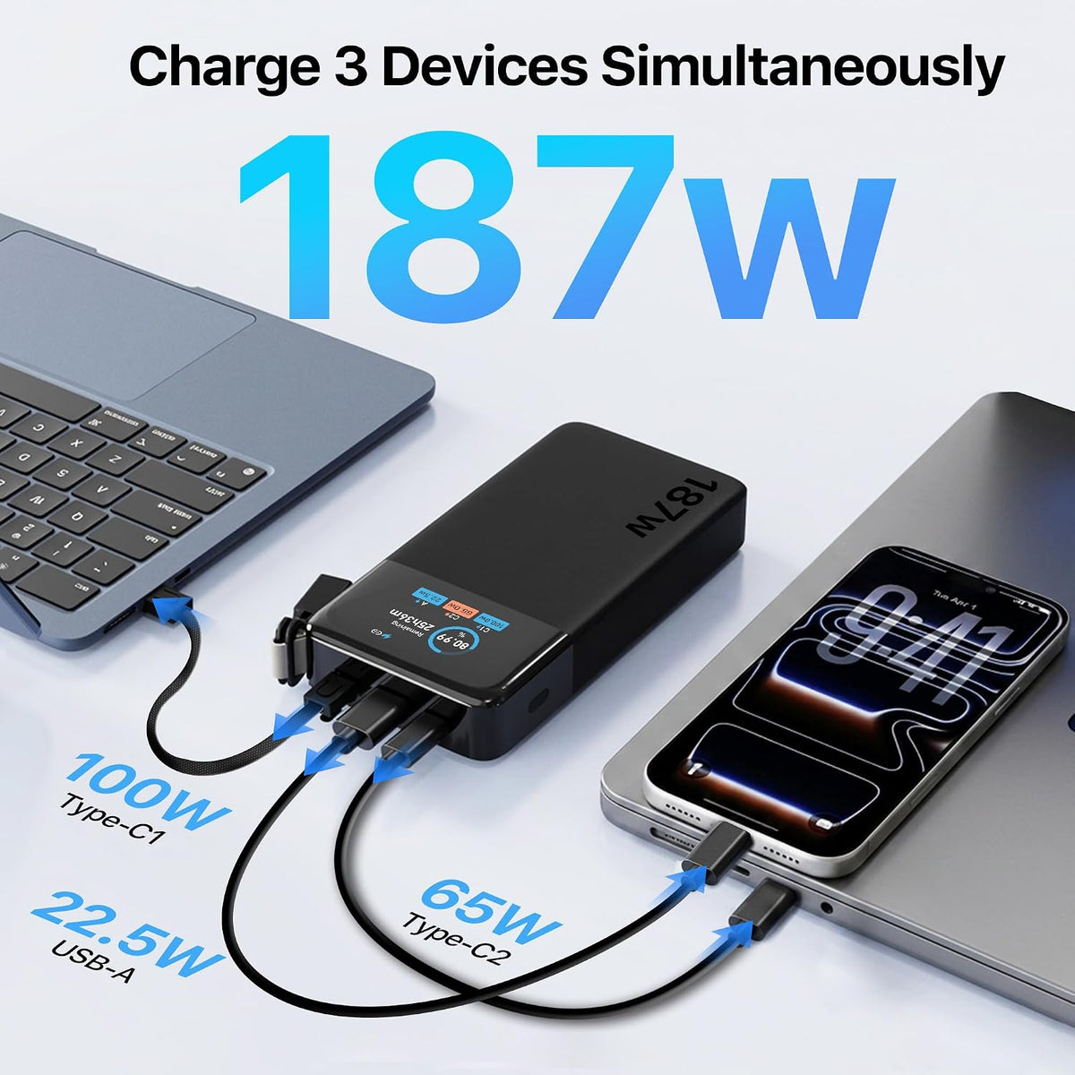 Cargador portátil JUOVI 187W para portátil Power Bank 25000mAh con...