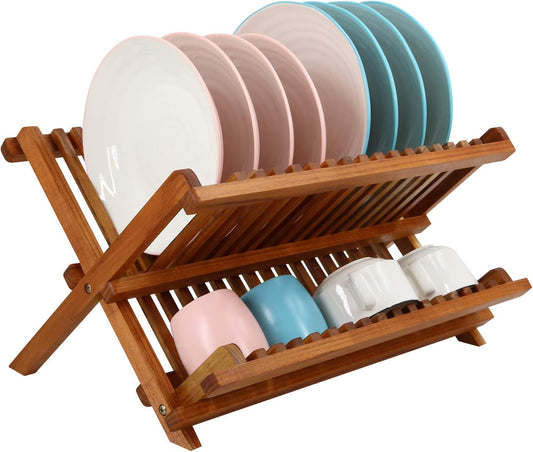 Utoplike Escurridor de Platos de Teca Plegable de 2 Niveles Estante...
